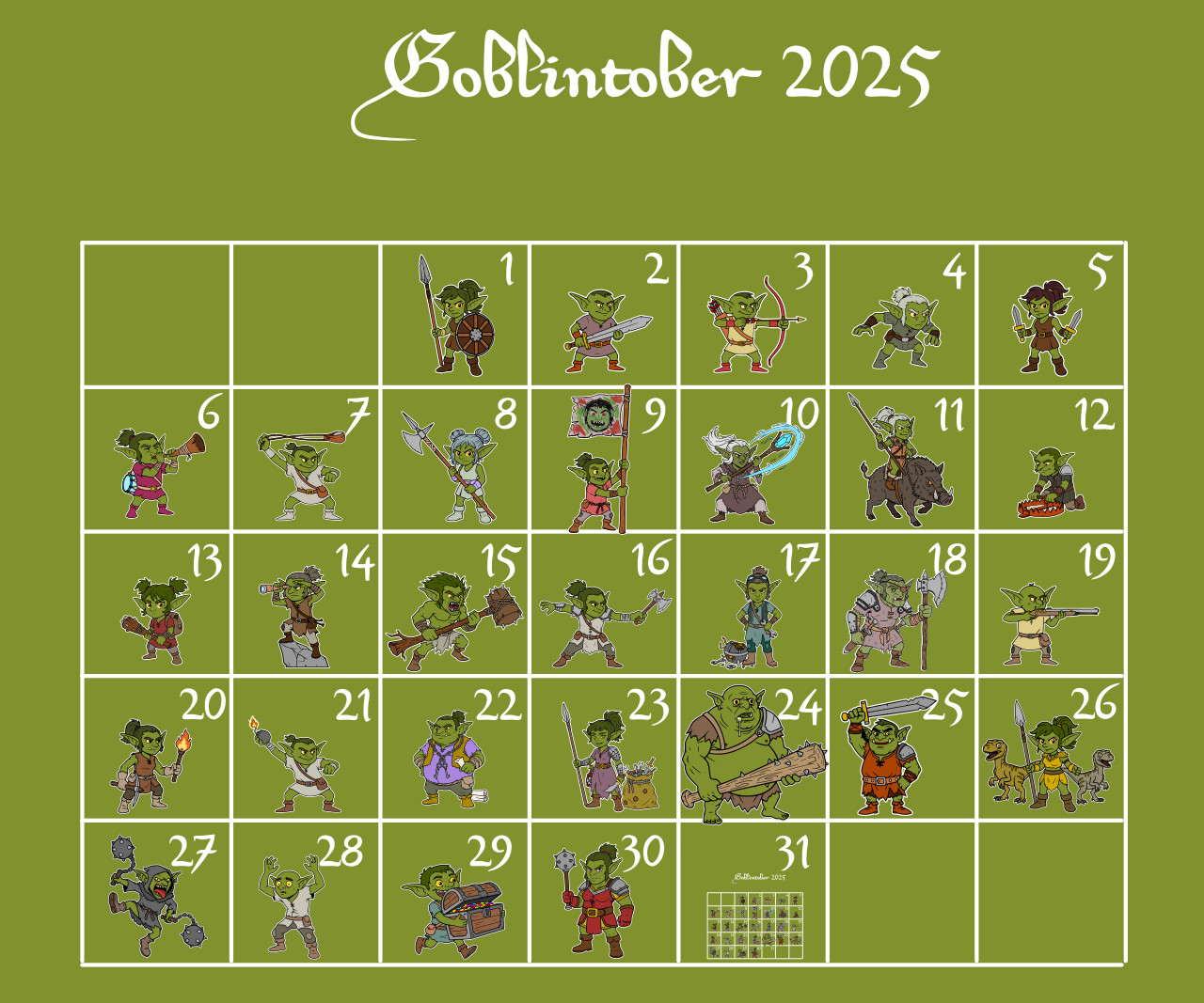 Calendrier complet Goblintober 2025 montrant tous les gobelins