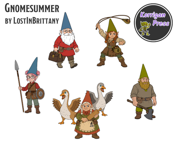 La bande Gnomesummer au complet : cinq gnomes et deux oies