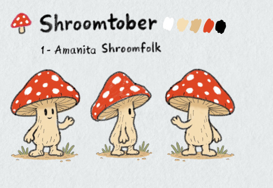 Planche de personnage en trois vues pour Shroomtober n° 1, l'Amanite Shroomfolk : un petit personnage champignon beige et souriant, au chapeau rouge à pois blancs, aux lamelles crème bien visibles, aux bras courts et aux pieds nus démesurés