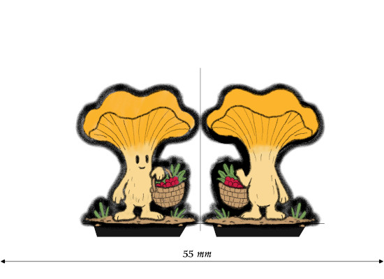 La figurine papier de la Chanterelle Cueilleuse, recto et verso sur une bande de 55 mm