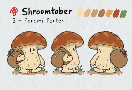 Planche de personnage en trois vues pour Shroomtober n° 3, le Cèpe Porteur : un personnage champignon trapu, couleur crème, au large chapeau brun marbré, qui porte sur l'épaule un gros sac brun fermé par une ficelle, d'où dépassent un ruban rouge et des feuilles vertes