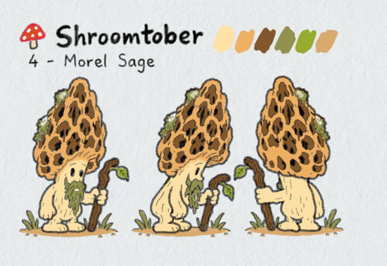 Planche de personnage en trois vues pour Shroomtober n° 4, le Sage Morille : un vieux personnage champignon au haut chapeau doré, conique et alvéolé, parsemé de touffes de mousse, avec une longue barbe de mousse verte et un bâton de bois tordu d'où pousse une feuille