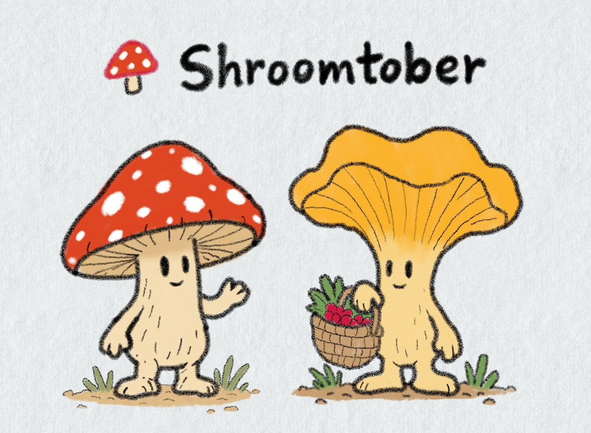 Les deux premières figurines de Shroomtober côte à côte : l'Amanite Shroomfolk au chapeau rouge à pois qui salue, et la Chanterelle Cueilleuse au chapeau doré en entonnoir, avec son panier de baies