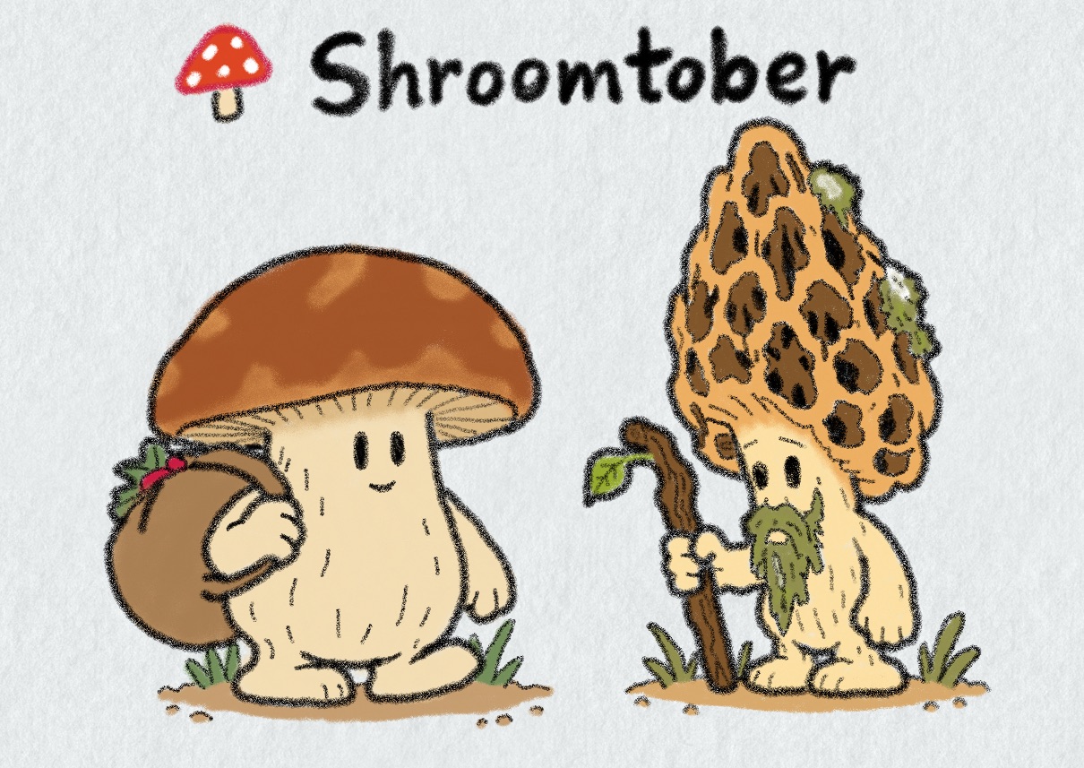 Shroomtober n° 3 et n° 4 côte à côte : le Cèpe Porteur, un champignon trapu et souriant au large chapeau brun, avec un gros sac sur l'épaule, et le Sage Morille, au haut chapeau alvéolé, à la barbe de mousse verte et au bâton de bois tordu