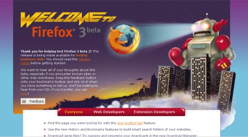 Page de bienvenue de Firefox 3.0 béta 2
