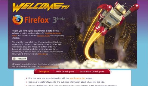 Page de bienvenue de Firefox 3.0 béta 3