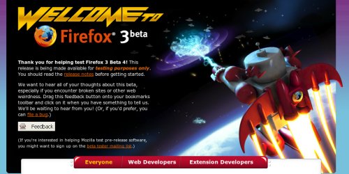 Page de bienvenue de Firefox 3.0 béta 4