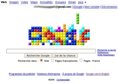 Screenshot de la page d'accueil Google avec le logo Tetris