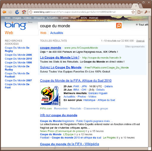 Recherche Coupe du Monde sur Bing