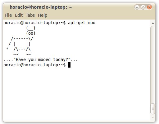 

<pre>
horacio@horacio-laptop:~$ apt-get moo
         (__) 
         (oo) 
   /——\/ 
  / |    ||   
 *  /\—/\ 
    ~~   ~~   
….”Have you mooed today?”…
</pre>
<p>‘ /></p></div>
<p>Mais je connaissais pas celui qui se cache dans son remplaçant, <code>aptitude</code> :</p>
<div class="center bordered vignette"><img src="/blog/wp-content/uploads/images/2010-06/easter_egg_ubuntu-02.jpg" alt="

<pre>
horacio@horacio-laptop:~$ aptitude moo -v
There really are no Easter Eggs in this program.
horacio@horacio-laptop:~$ aptitude moo -vv
Didn’t I already tell you that there are no Easter Eggs in this program?
horacio@horacio-laptop:~$ aptitude moo -vvv
Stop it!
horacio@horacio-laptop:~$ aptitude moo -vvvv
Okay, okay, if I give you an Easter Egg, will you go away?
horacio@horacio-laptop:~$ aptitude moo -vvvvv
All right, you win.

                               /—-\
                       ——-/      \
                      /               \
                     /                |
   —————–/                  ——–\
   ———————————————-
horacio@horacio-laptop:~$ aptitude moo -vvvvvv
What is it?  It’s an elephant being eaten by a snake, of course.
</pre>
<p>”  /></p></div>
<div class="center"> <img class="lmbbox_smileys_img" src="https://i0.wp.com/www.lostinbrittany.org/blog/wp-content/plugins/lmbbox-smileys/smileys/ee/grin1.gif" alt=":grin1_ee:" data-recalc-dims="1" /></div>
<div class="sharedaddy sd-sharing-enabled"><div class="robots-nocontent sd-block sd-social sd-social-icon-text sd-sharing"><h3 class="sd-title">Partagez ce billet :</h3><div class="sd-content"><ul><li class="share-twitter"><a rel="nofollow noopener noreferrer" data-shared="sharing-twitter-4115" class="share-twitter sd-button share-icon" href="https://lostinbrittany.org/blog/2010/06/10/easter-eggs-ubuntu/?share=twitter" target="_blank" title="Click to share on Twitter"><span>Twitter</span></a></li><li class="share-facebook"><a rel="nofollow noopener noreferrer" data-shared="sharing-facebook-4115" class="share-facebook sd-button share-icon" href="https://lostinbrittany.org/blog/2010/06/10/easter-eggs-ubuntu/?share=facebook" target="_blank" title="Click to share on Facebook"><span>Facebook</span></a></li><li class="share-linkedin"><a rel="nofollow noopener noreferrer" data-shared="sharing-linkedin-4115" class="share-linkedin sd-button share-icon" href="https://lostinbrittany.org/blog/2010/06/10/easter-eggs-ubuntu/?share=linkedin" target="_blank" title="Click to share on LinkedIn"><span>LinkedIn</span></a></li><li class="share-email"><a rel="nofollow noopener noreferrer" data-shared="" class="share-email sd-button share-icon" href="https://lostinbrittany.org/blog/2010/06/10/easter-eggs-ubuntu/?share=email" target="_blank" title="Click to email this to a friend"><span>Email</span></a></li><li><a href="#" class="sharing-anchor sd-button share-more"><span>More</span></a></li><li class="share-end"></li></ul><div class="sharing-hidden"><div class="inner" style="display: none;"><ul><li class="share-print"><a rel="nofollow noopener noreferrer" data-shared="" class="share-print sd-button share-icon" href="https://lostinbrittany.org/blog/2010/06/10/easter-eggs-ubuntu/#print" target="_blank" title="Click to print"><span>Print</span></a></li><li class="share-reddit"><a rel="nofollow noopener noreferrer" data-shared="" class="share-reddit sd-button share-icon" href="https://lostinbrittany.org/blog/2010/06/10/easter-eggs-ubuntu/?share=reddit" target="_blank" title="Click to share on Reddit"><span>Reddit</span></a></li><li class="share-end"></li><li class="share-end"></li></ul></div></div></div></div></div>
<div id=